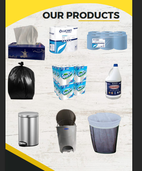 Paper products — tissues, rolls, garbage bags, dustbins