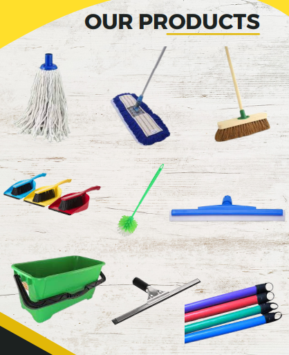 Cleaning tools — mops, brooms, dustpans, squeegees